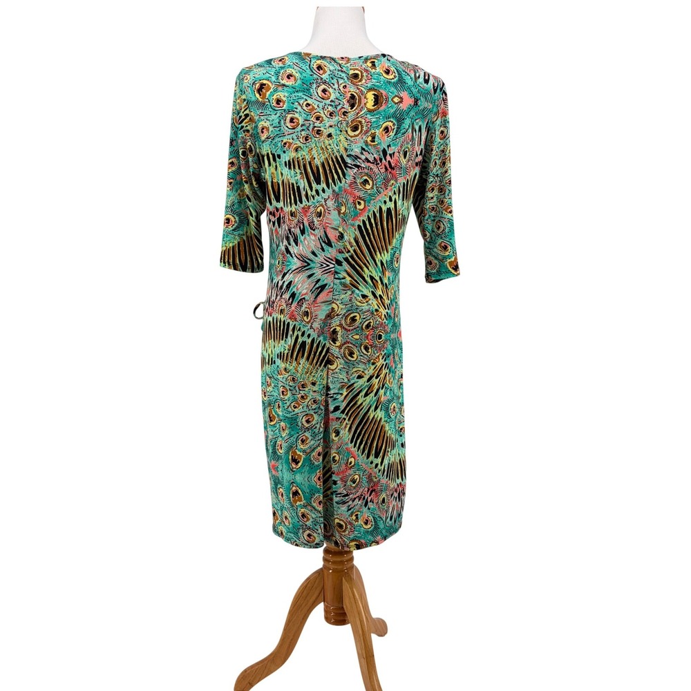 Emma & Michele Wrap Dress Women Large Teal Peacock Feather Print Ruched Art Deco - Picture 5 of 11